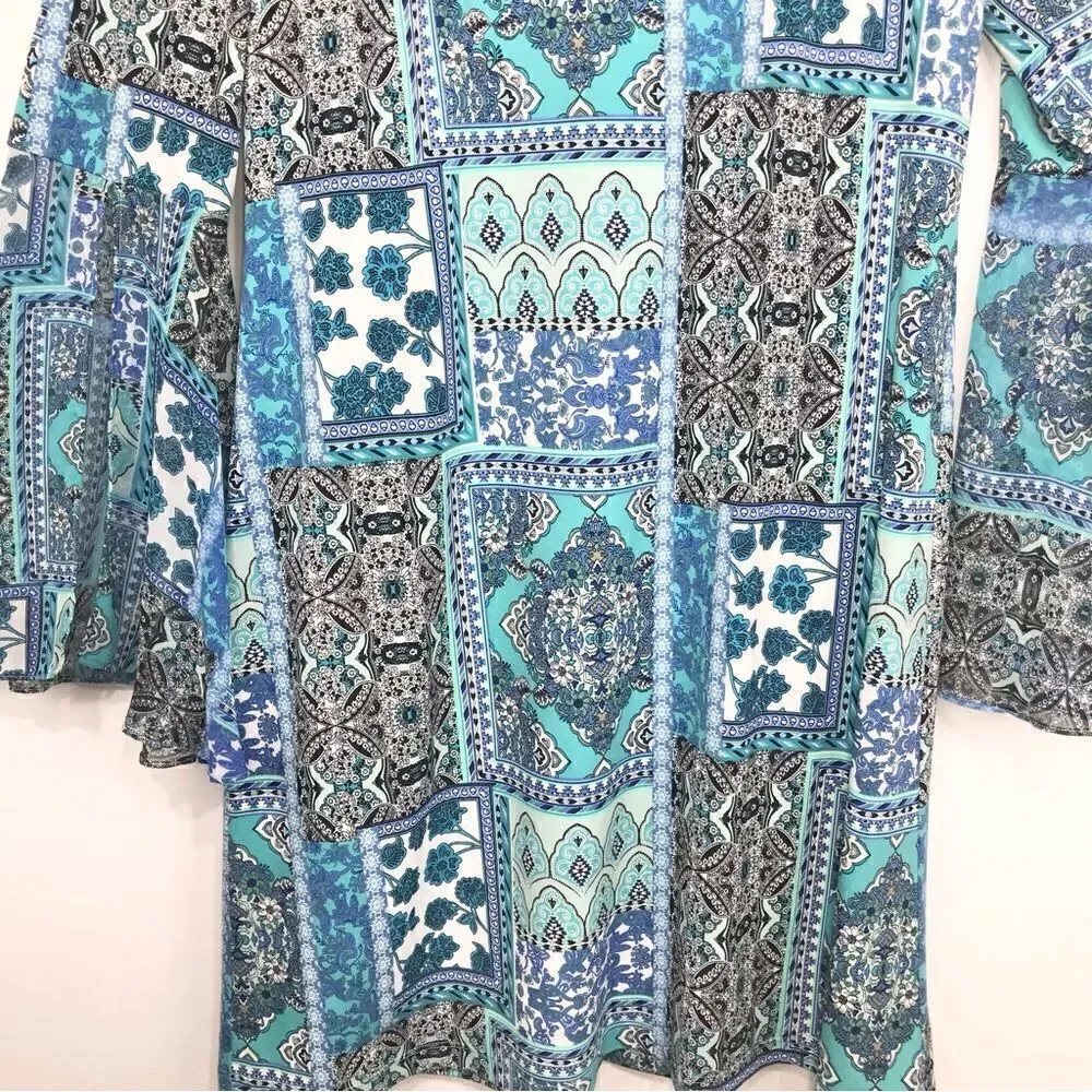 Ronni Nicole Blue Patchwork Floral Tapestry Print Bell Sleeve Sheath Dress